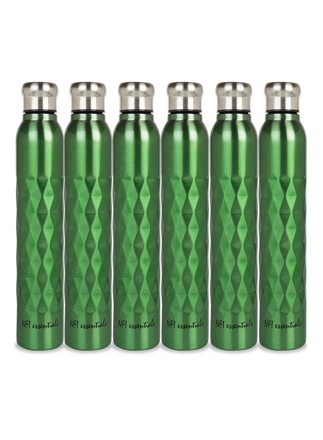 NFI essentials Stainless Steel Single Walled Fridge Water Bottle, 1000ml, Rhombus Design, Leak proof, Water bottle for Office, School, Gym, Refrigerator & Home use, 1litre (Y138 Green Pack of 6) - Image 1